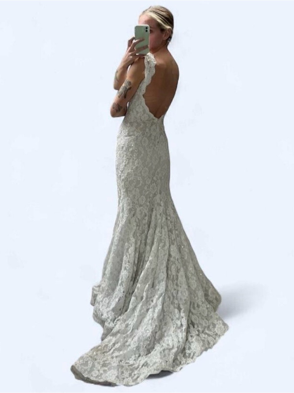 Rene Ruiz Ivory Lace Backless Mermaid Gown